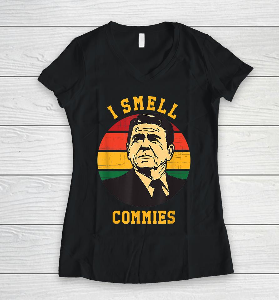 Ronald Reagan I Smell Commies Funny Women V-Neck T-Shirt