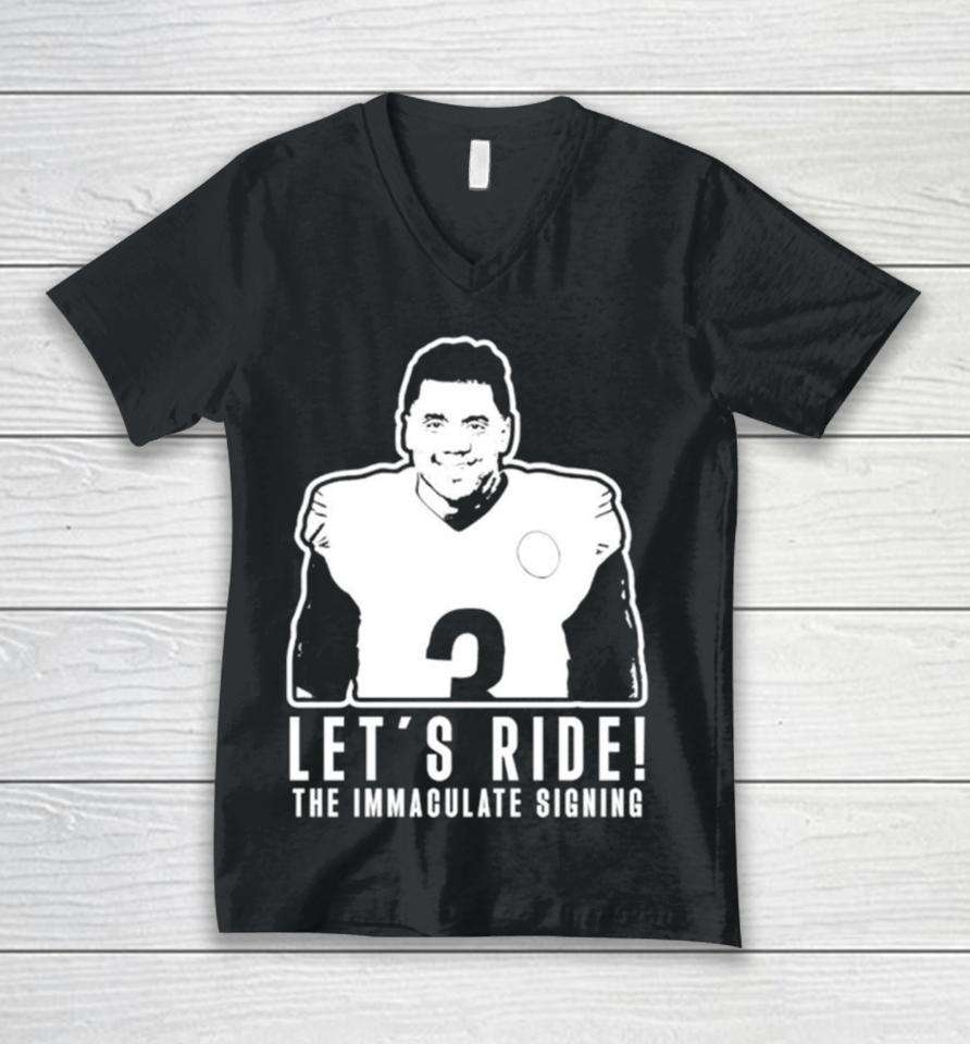 Russell Wilson Let’s Ride The Immaculate Signing Unisex V-Neck T-Shirt