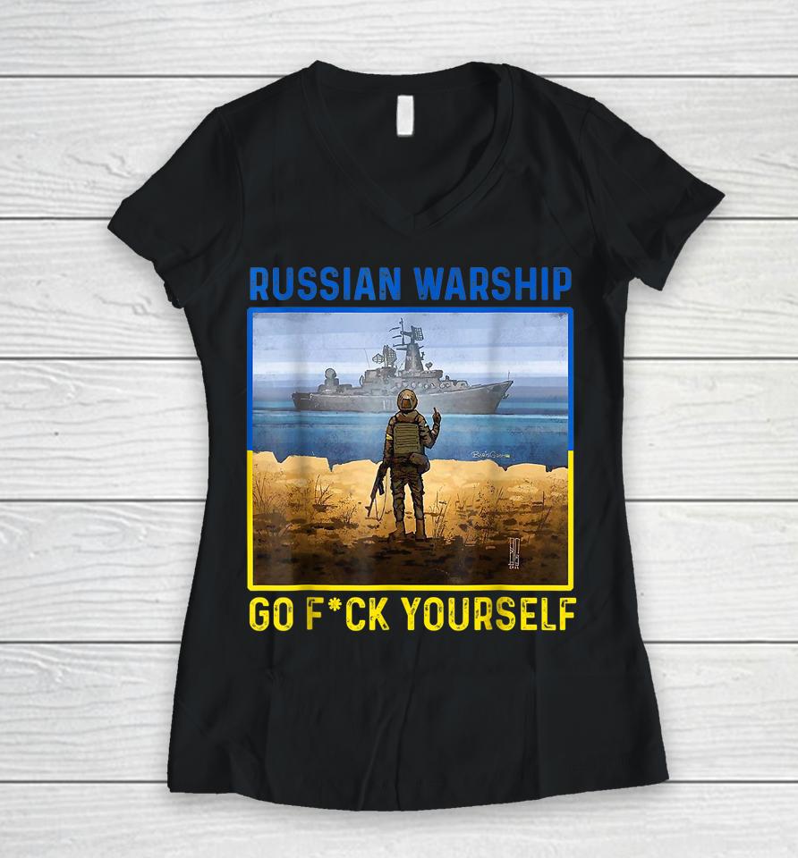 Russian Warship Go F Yourself Vintage Ukraine Postage Stamp Women V-Neck T-Shirt