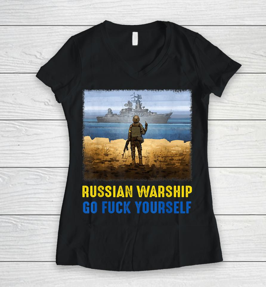 Russian Warship Go Fuck Yourself Postage Stamp Ukraine Women V-Neck T-Shirt