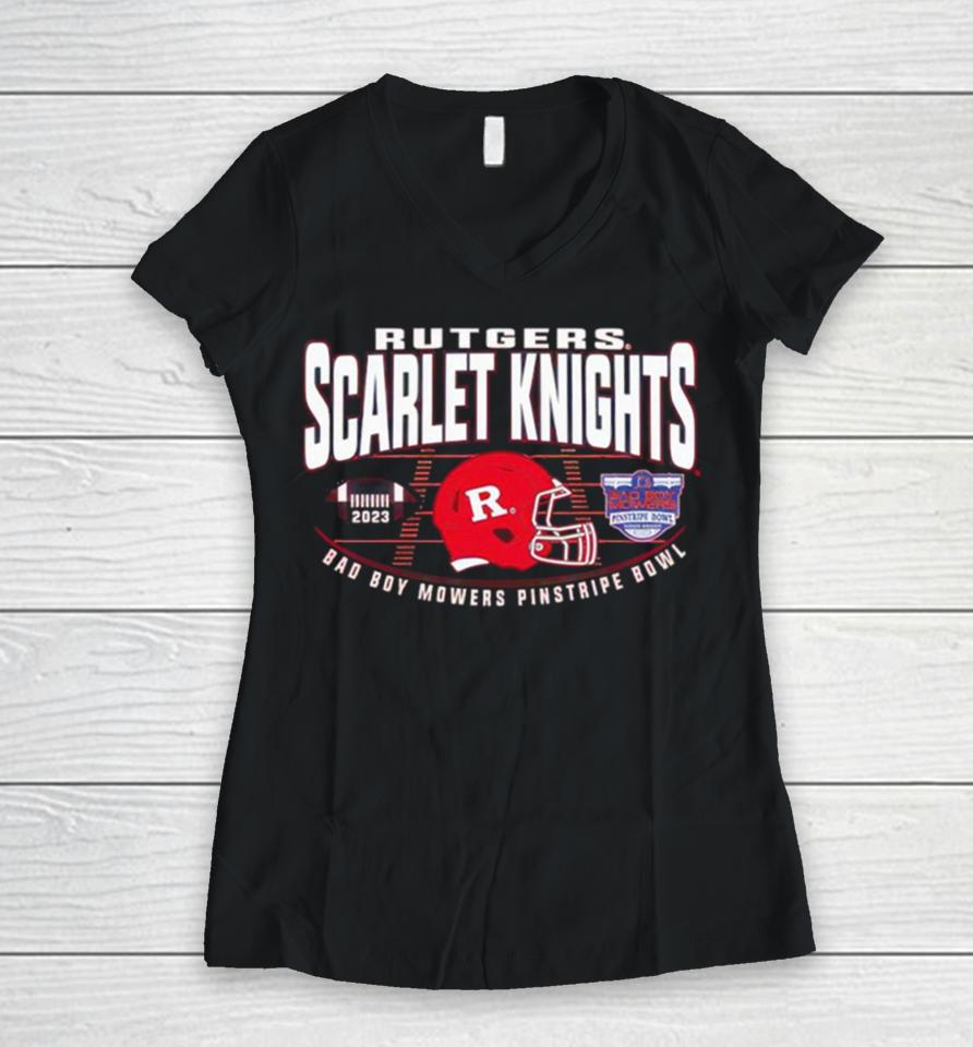 Rutgers Scarlet Knights Football 2023 Bad Boy Mowers Pinstripe Bowl Champions Women V-Neck T-Shirt