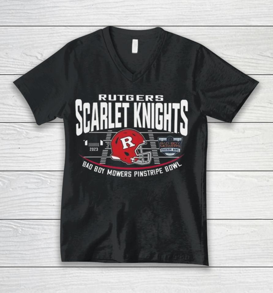 Rutgers Scarlet Knights Red 2023 Bad Boy Mowers Pinstripe Bowl Helmet Unisex V-Neck T-Shirt