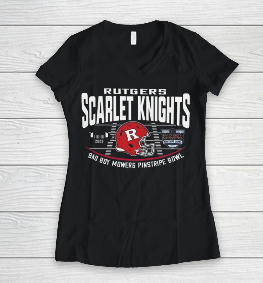 Rutgers Scarlet Knights Red 2023 Bad Boy Mowers Pinstripe Bowl Helmet Women V-Neck T-Shirt