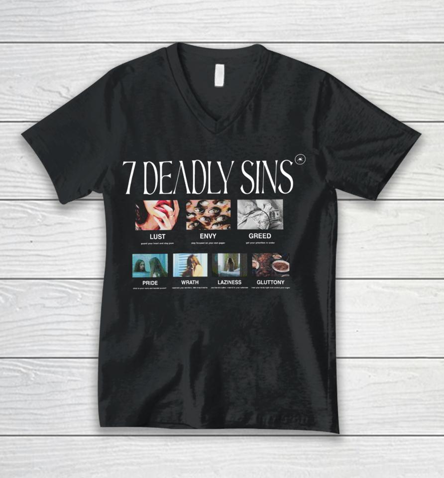 Ryan Clark Wearing 7 Deadly Sins Lust Envy Greed Pride Wrath Laziness Gluttony Unisex V-Neck T-Shirt