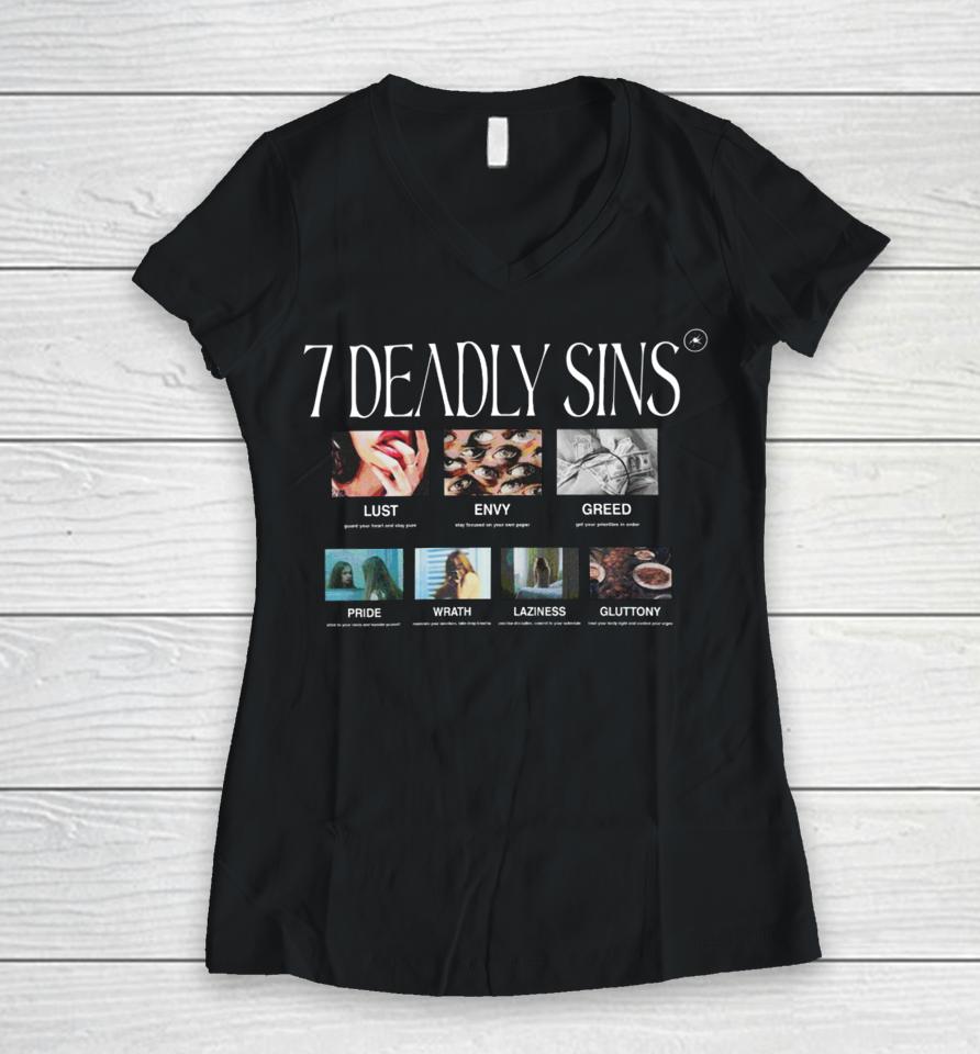 Ryan Clark Wearing 7 Deadly Sins Lust Envy Greed Pride Wrath Laziness Gluttony Women V-Neck T-Shirt