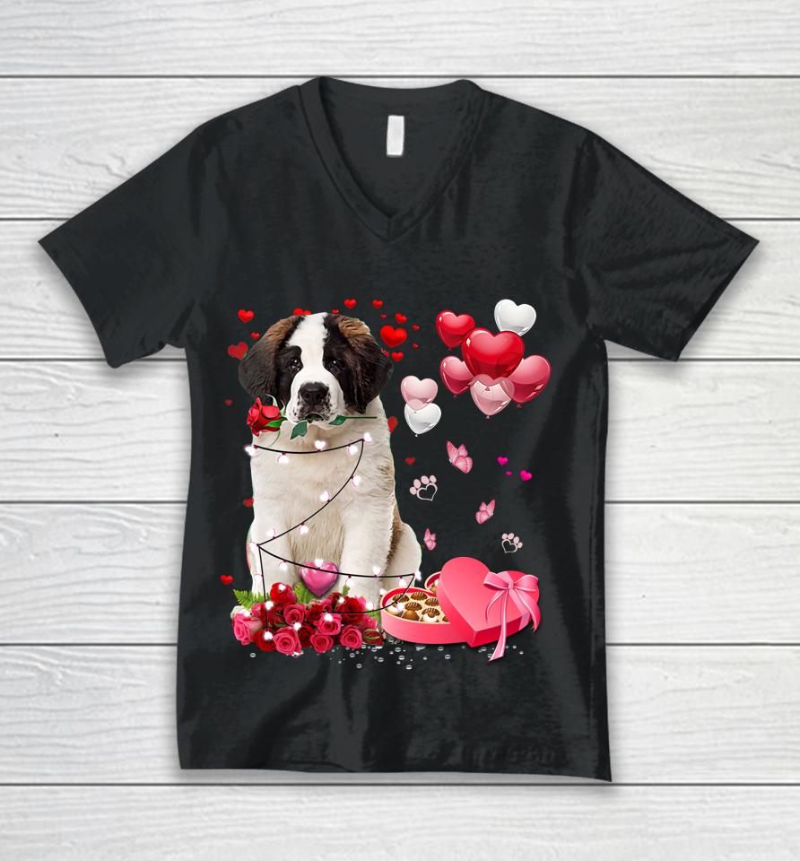 Saint Bernard Rose Heart Happy Valentine Day Dog Mom Unisex V-Neck T-Shirt