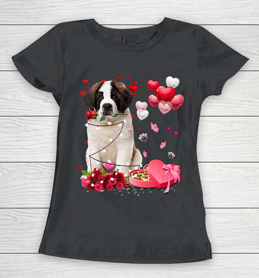 Saint Bernard Rose Heart Happy Valentine Day Dog Mom Women T-Shirt