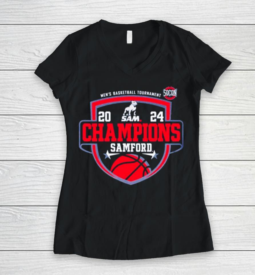 Samford University Men’s Basketball 2024 Socon Tournament Champions Women V-Neck T-Shirt