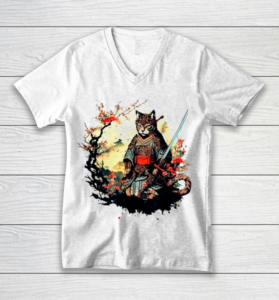 Samurai Cat Japanese Ninja Kitty Art Unisex V-Neck T-Shirt