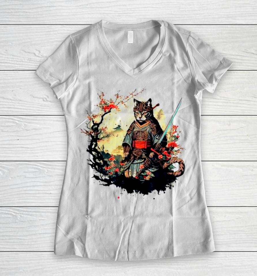 Samurai Cat Japanese Ninja Kitty Art Women V-Neck T-Shirt