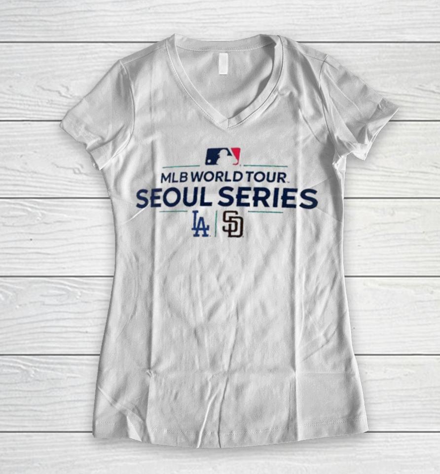 San Diego Padres Vs Los Angeles Dodgers 2024 Mlb World Tour Seoul Series Matchup Women V-Neck T-Shirt