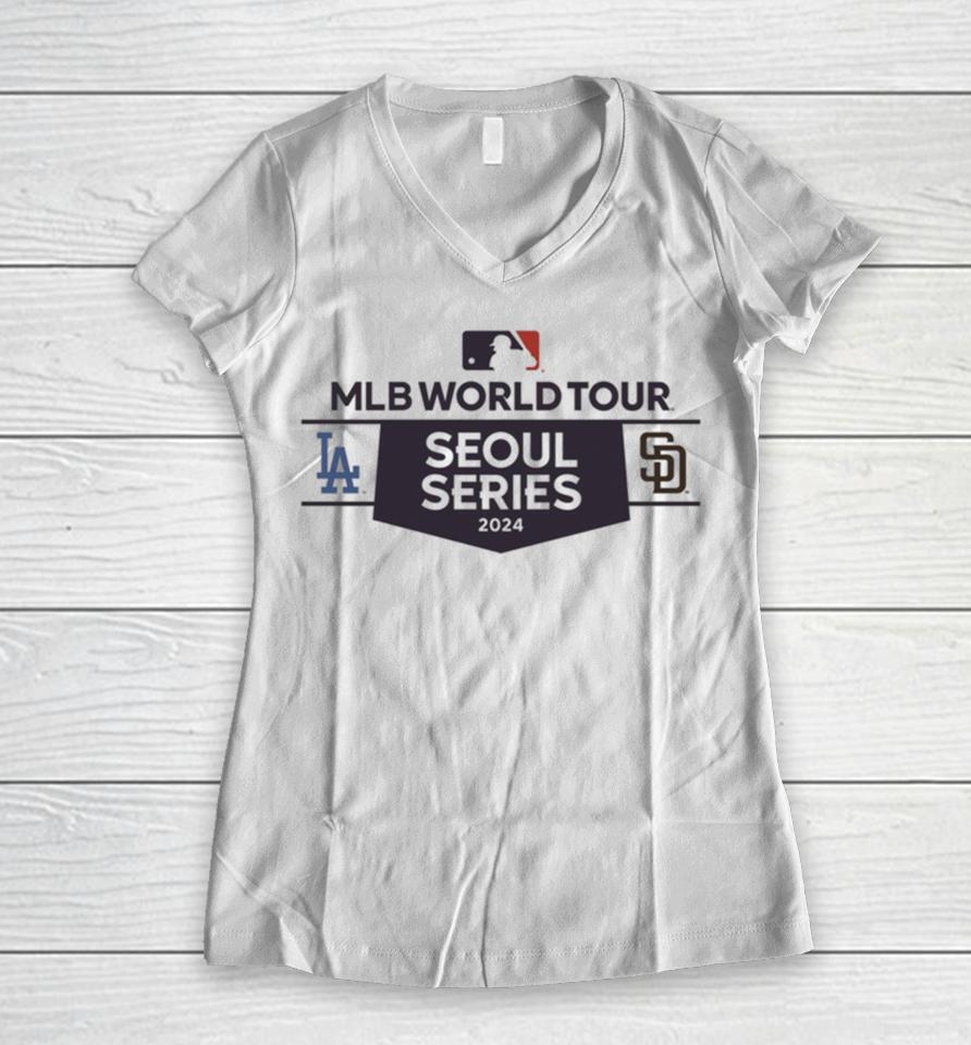 San Diego Padres Vs. Los Angeles Dodgers 2024 Mlb World Tour Seoul Series Matchup Women V-Neck T-Shirt