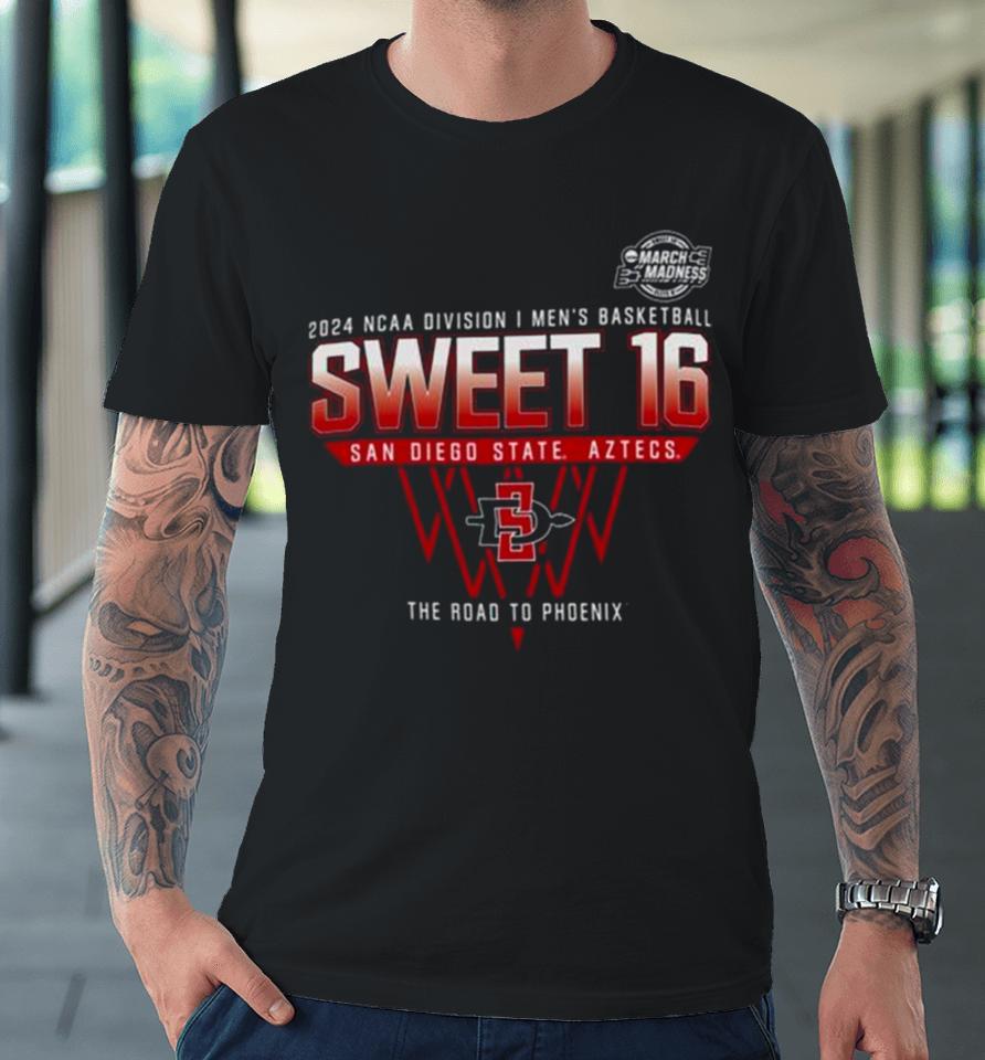 San Diego State Aztecs 2024 Ncaa Division I Men’s Basketball Sweet 16 The Road To Phoenix Premium T-Shirt