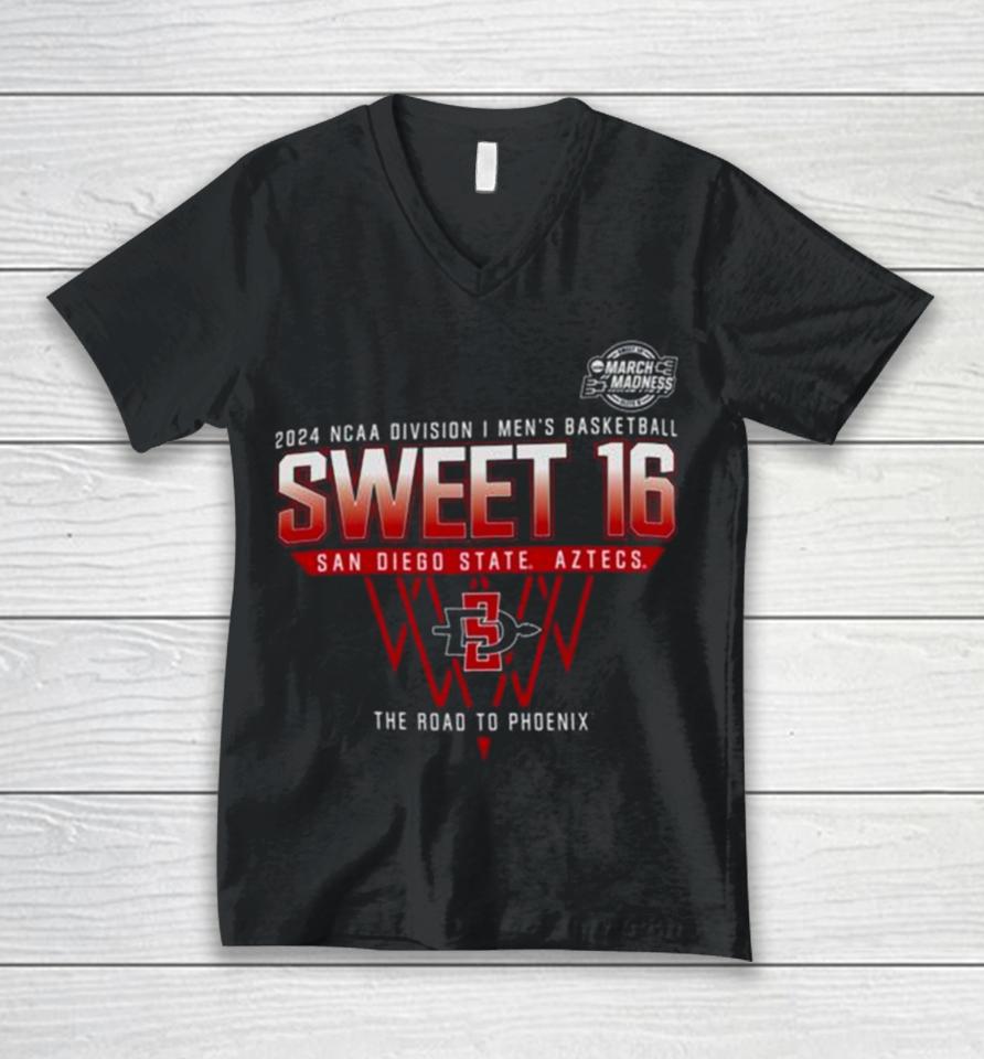 San Diego State Aztecs 2024 Ncaa Division I Men’s Basketball Sweet 16 The Road To Phoenix Unisex V-Neck T-Shirt