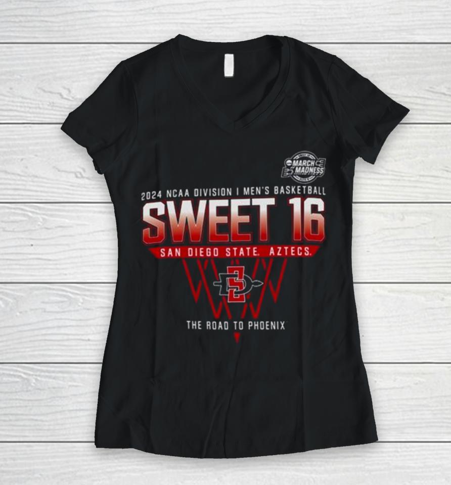 San Diego State Aztecs 2024 Ncaa Division I Men’s Basketball Sweet 16 The Road To Phoenix Women V-Neck T-Shirt