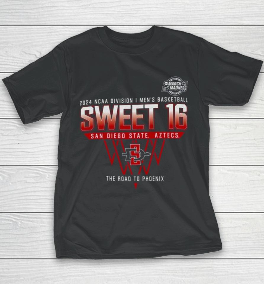 San Diego State Aztecs 2024 Ncaa Division I Men’s Basketball Sweet 16 The Road To Phoenix Youth T-Shirt