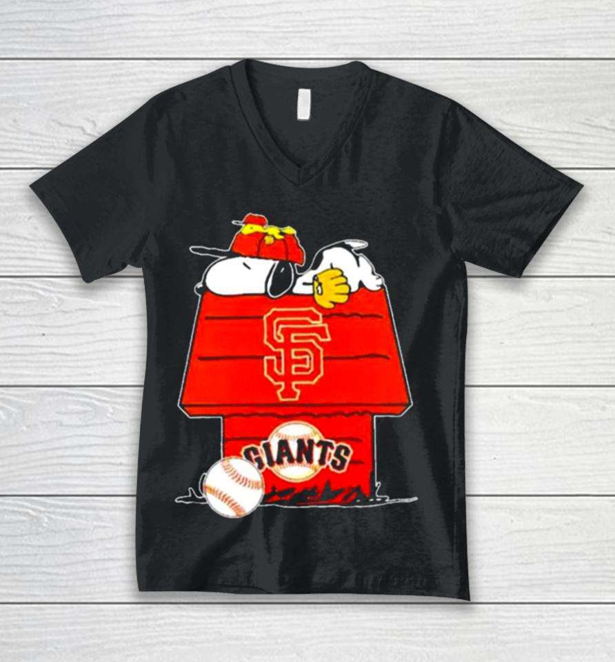 San Francisco Giants Snoopy And Woodstock The Peanuts Baseball Unisex V-Neck T-Shirt