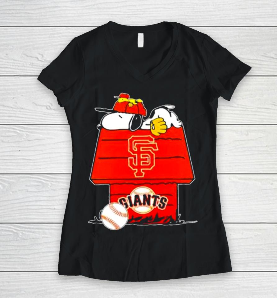 San Francisco Giants Snoopy And Woodstock The Peanuts Baseball Women V-Neck T-Shirt