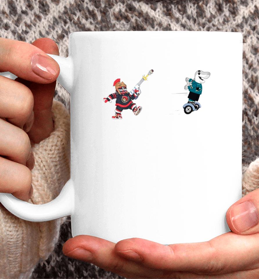 San Jose Sharks Vs Ottawa Senators Nhl 2024 Mascot Cartoon Hockey Coffee Mug