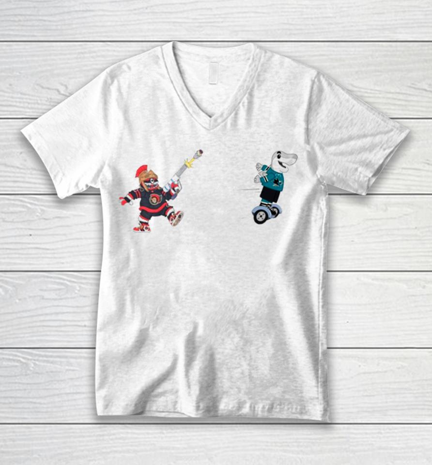 San Jose Sharks Vs Ottawa Senators Nhl 2024 Mascot Cartoon Hockey Unisex V-Neck T-Shirt