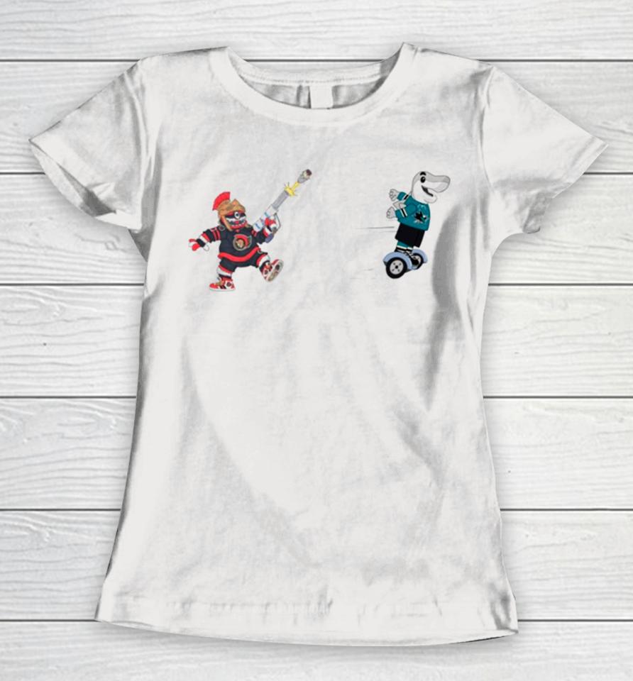 San Jose Sharks Vs Ottawa Senators Nhl 2024 Mascot Cartoon Hockey Women T-Shirt