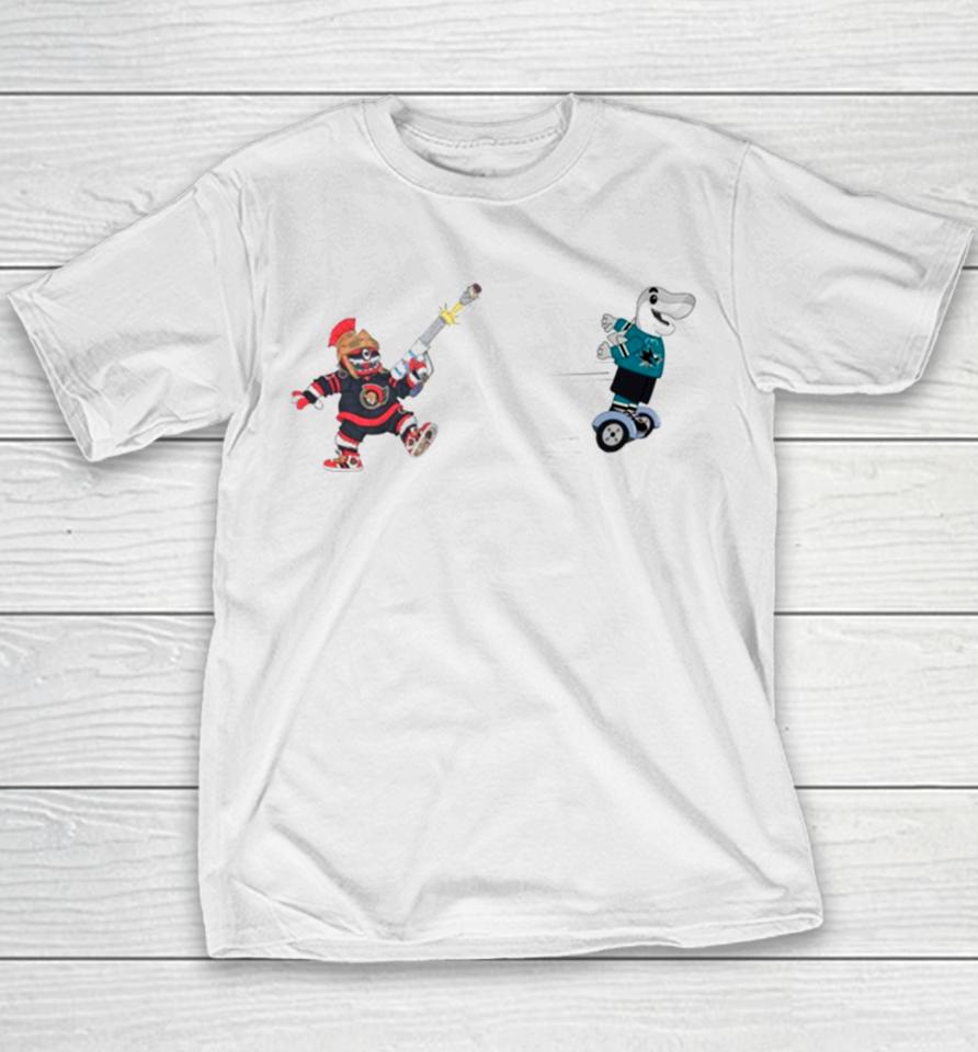 San Jose Sharks Vs Ottawa Senators Nhl 2024 Mascot Cartoon Hockey Youth T-Shirt