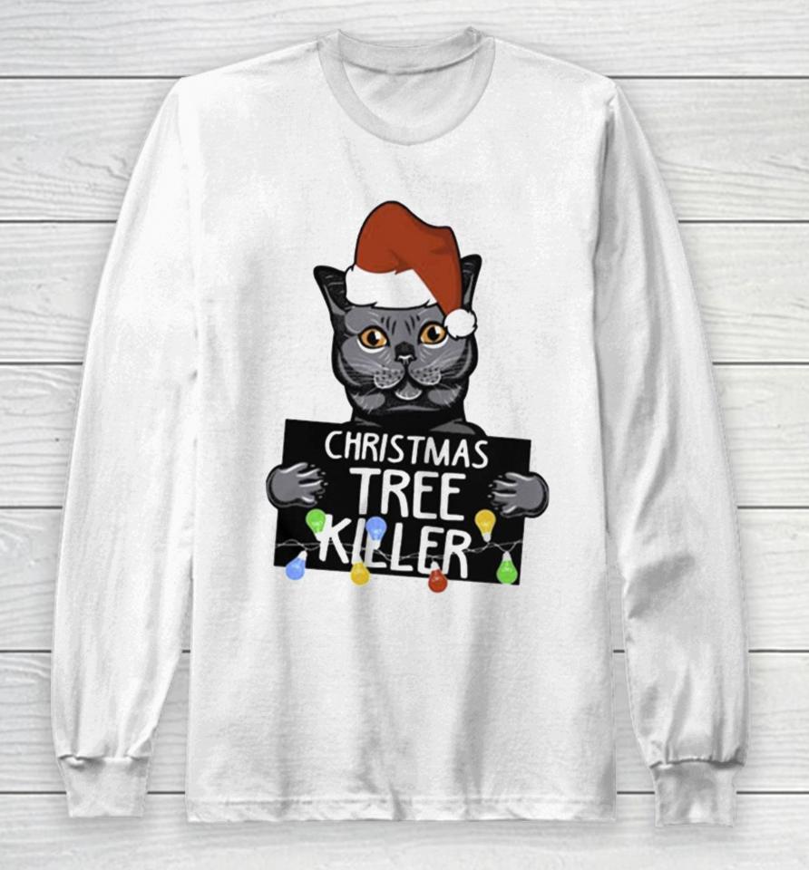 Santa Black Cat Christmas Tree Killer Mugshot Long Sleeve T-Shirt