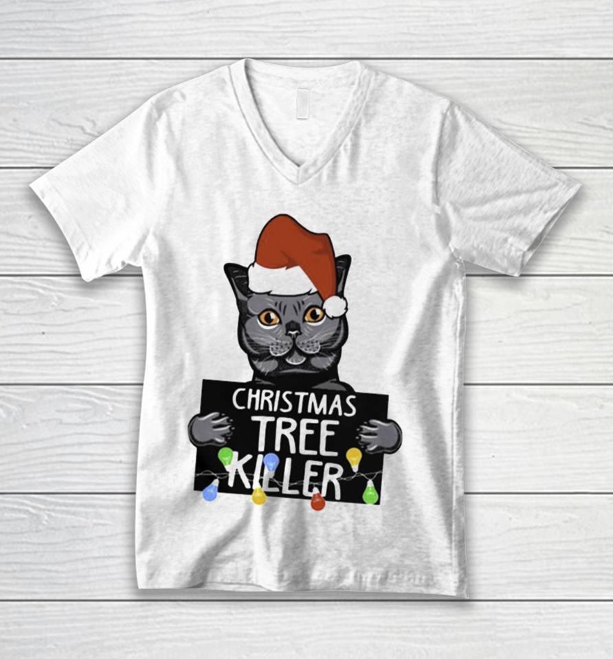 Santa Black Cat Christmas Tree Killer Mugshot Unisex V-Neck T-Shirt