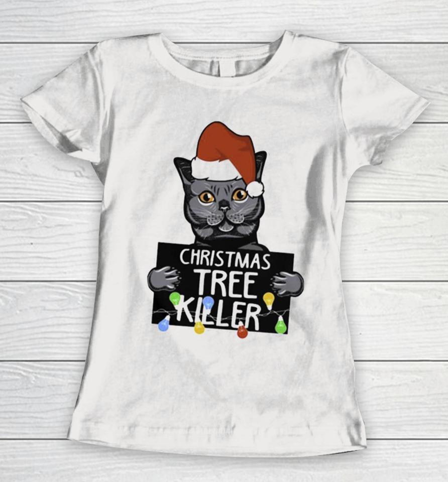 Santa Black Cat Christmas Tree Killer Mugshot Women T-Shirt