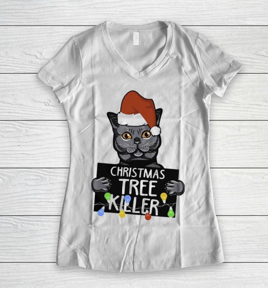 Santa Black Cat Christmas Tree Killer Mugshot Women V-Neck T-Shirt