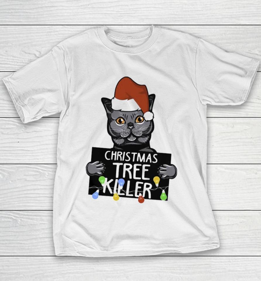 Santa Black Cat Christmas Tree Killer Mugshot Youth T-Shirt