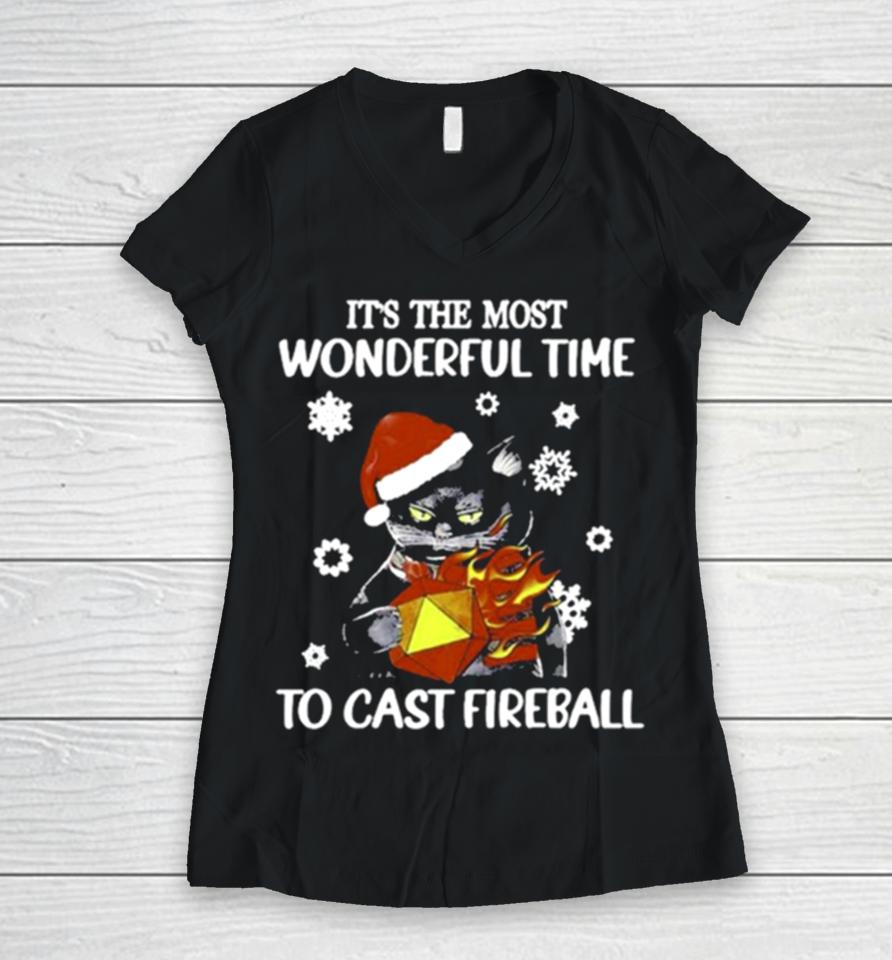 Santa Black Cat It’s The Most Wonderful Time To Cast Fireball Christmas Women V-Neck T-Shirt
