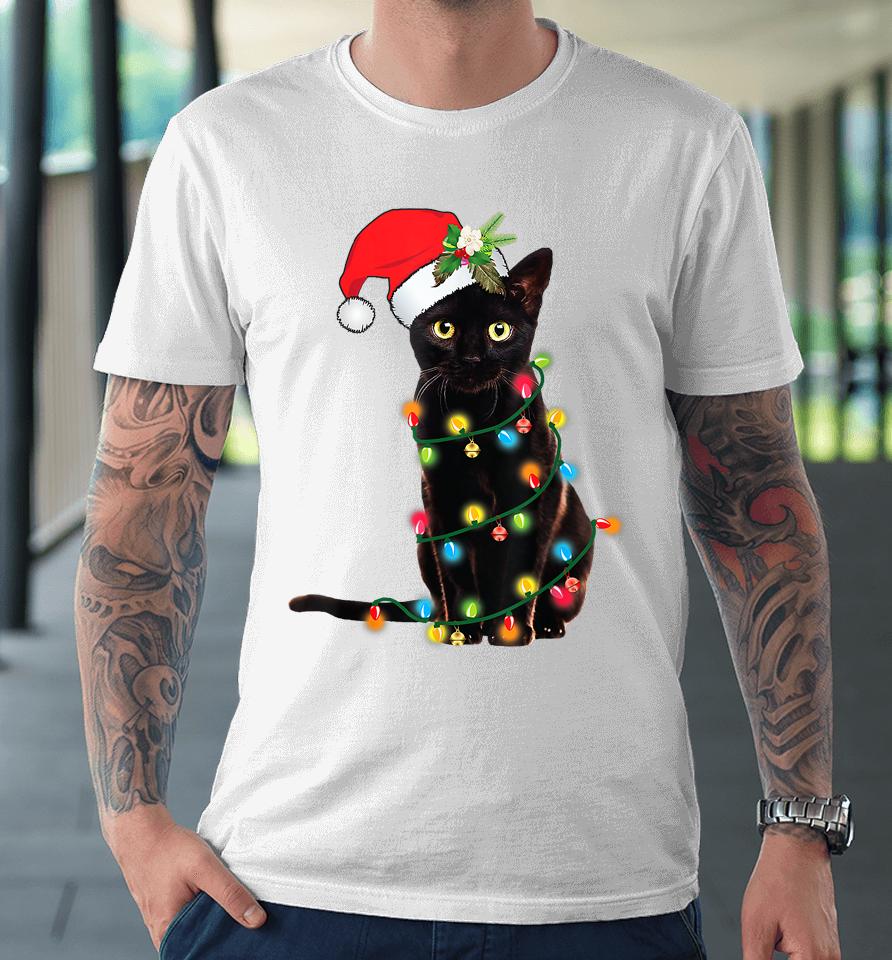 Santa Black Cat Tangled Up In Christmas Tree Lights Holiday Premium T-Shirt
