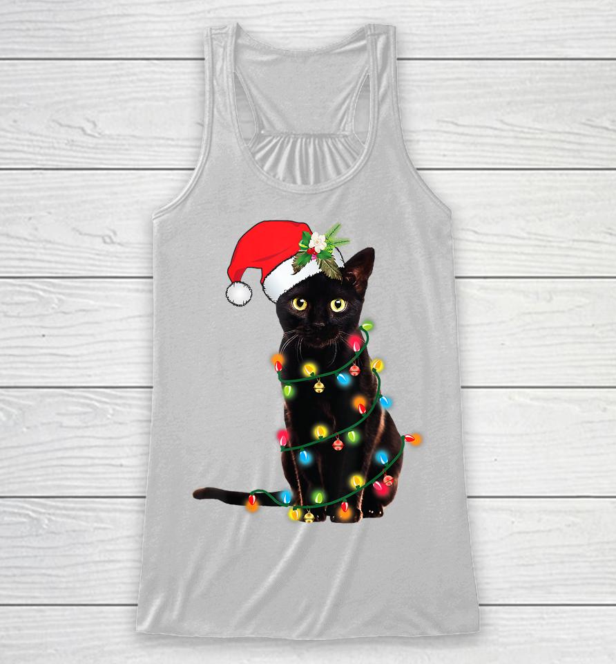Santa Black Cat Tangled Up In Christmas Tree Lights Holiday Racerback Tank