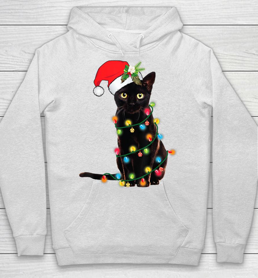 Santa Black Cat Tangled Up In Christmas Tree Lights Holiday Hoodie