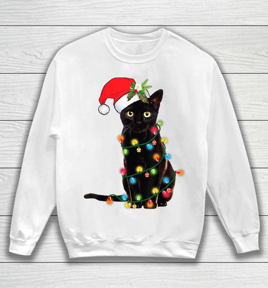 Santa Black Cat Tangled Up In Christmas Tree Lights Holiday Sweatshirt