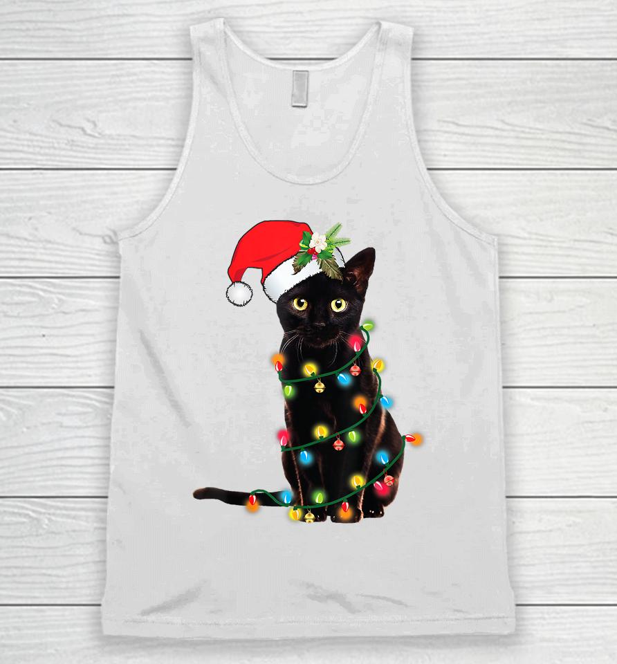 Santa Black Cat Tangled Up In Christmas Tree Lights Holiday Unisex Tank Top