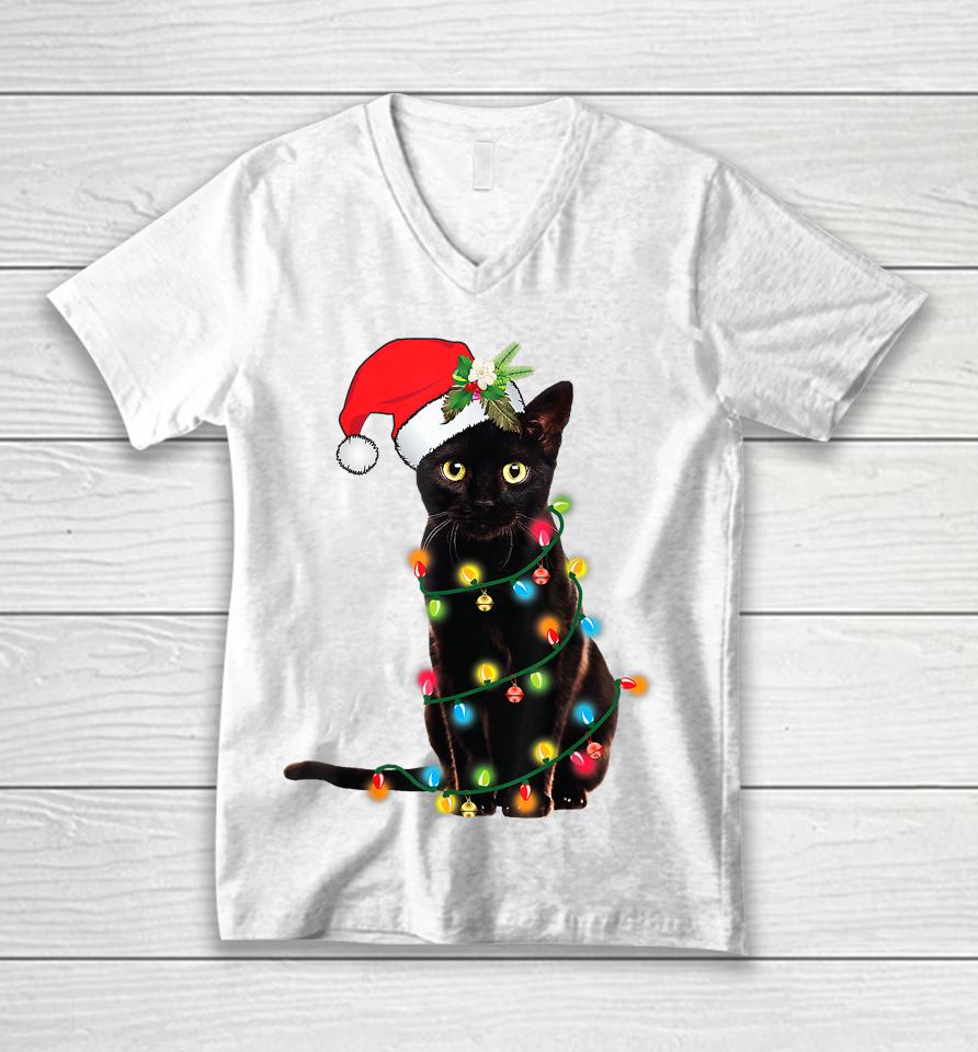 Santa Black Cat Tangled Up In Christmas Tree Lights Holiday Unisex V-Neck T-Shirt