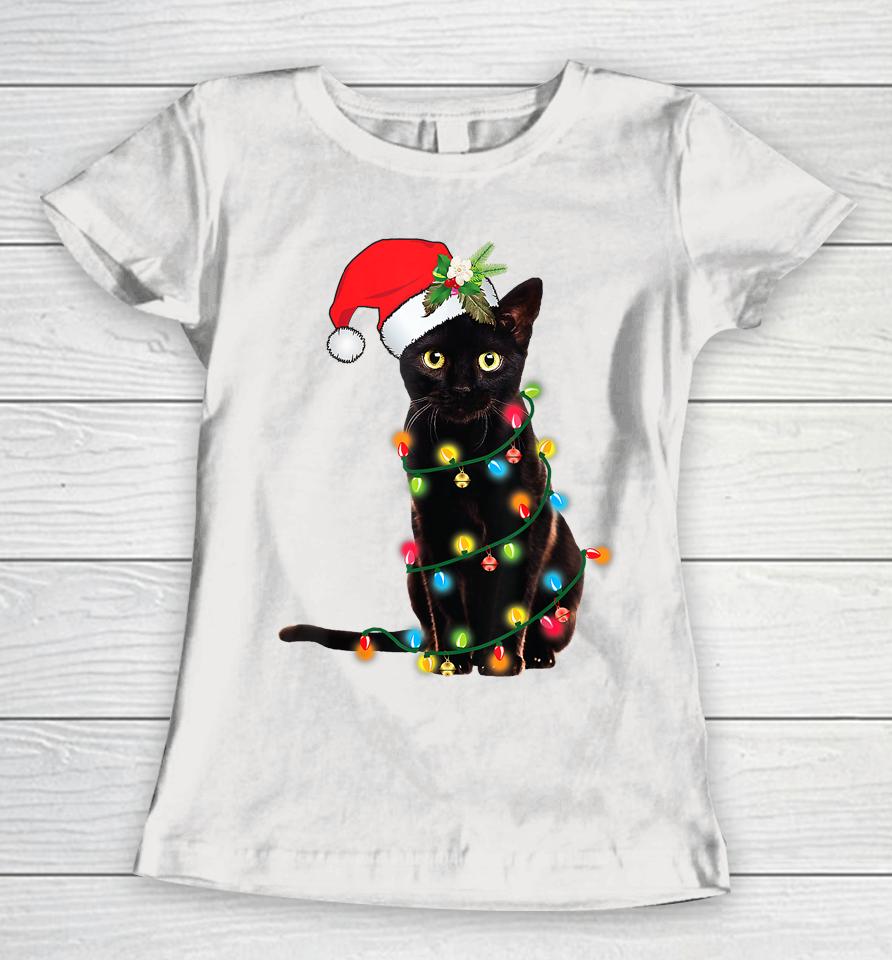 Santa Black Cat Tangled Up In Christmas Tree Lights Holiday Women T-Shirt