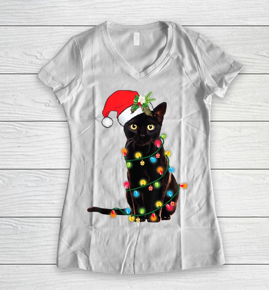 Santa Black Cat Tangled Up In Christmas Tree Lights Holiday Women V-Neck T-Shirt