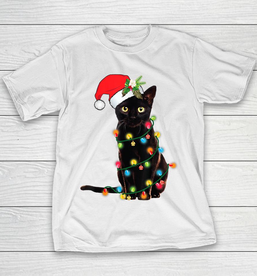 Santa Black Cat Tangled Up In Christmas Tree Lights Holiday Youth T-Shirt