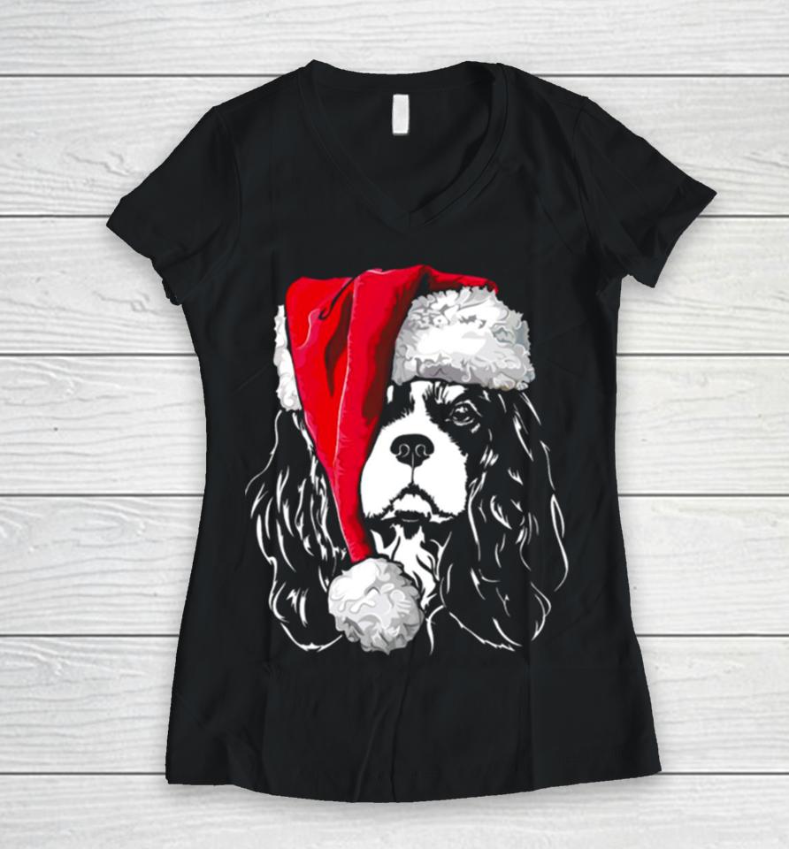 Santa Cavalier King Charles Spaniel Christmas Dogs Women V-Neck T-Shirt