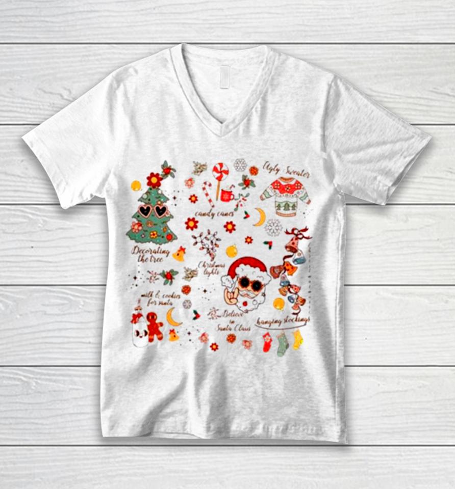 Santa Claus Christmas Tree Groovy Retro Vintage Unisex V-Neck T-Shirt