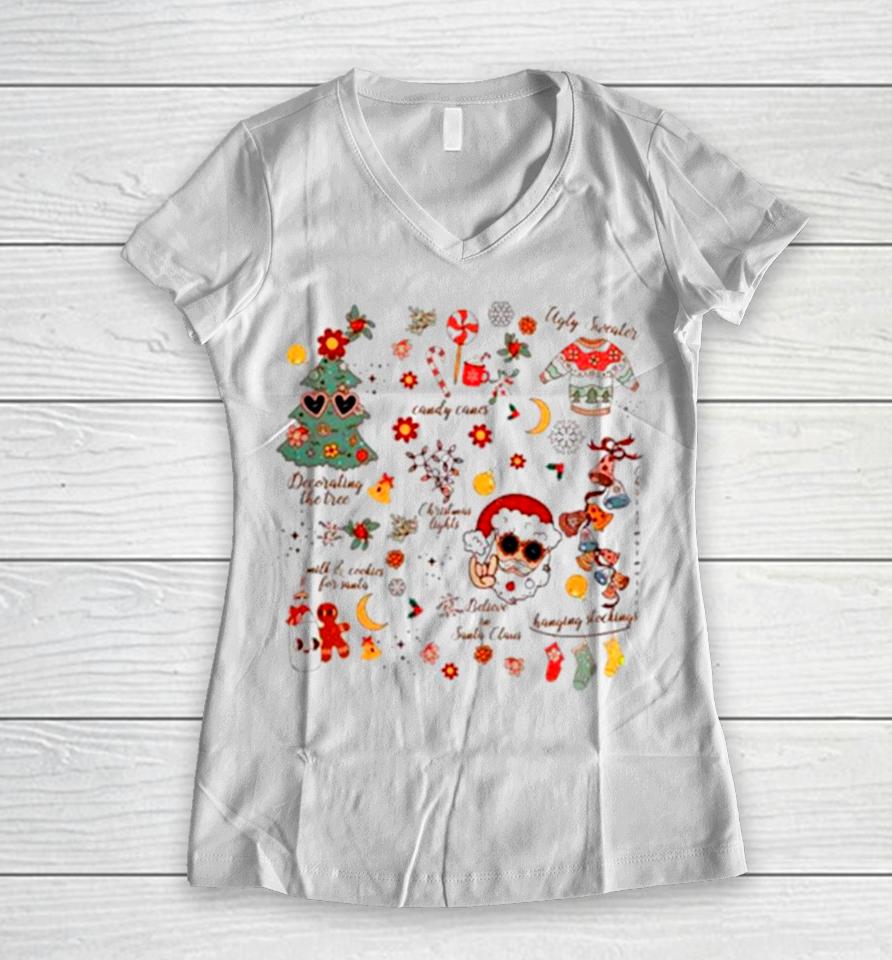Santa Claus Christmas Tree Groovy Retro Vintage Women V-Neck T-Shirt