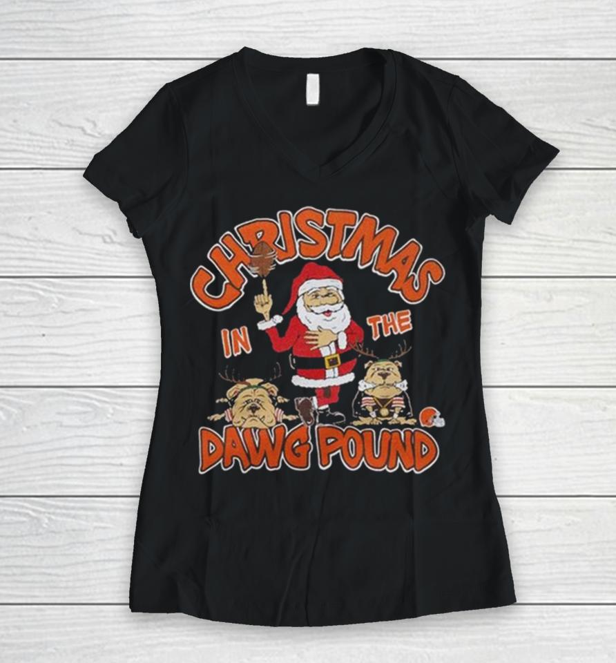 Santa Claus Cleveland Browns In The Dawg Pound Christmas Women V-Neck T-Shirt