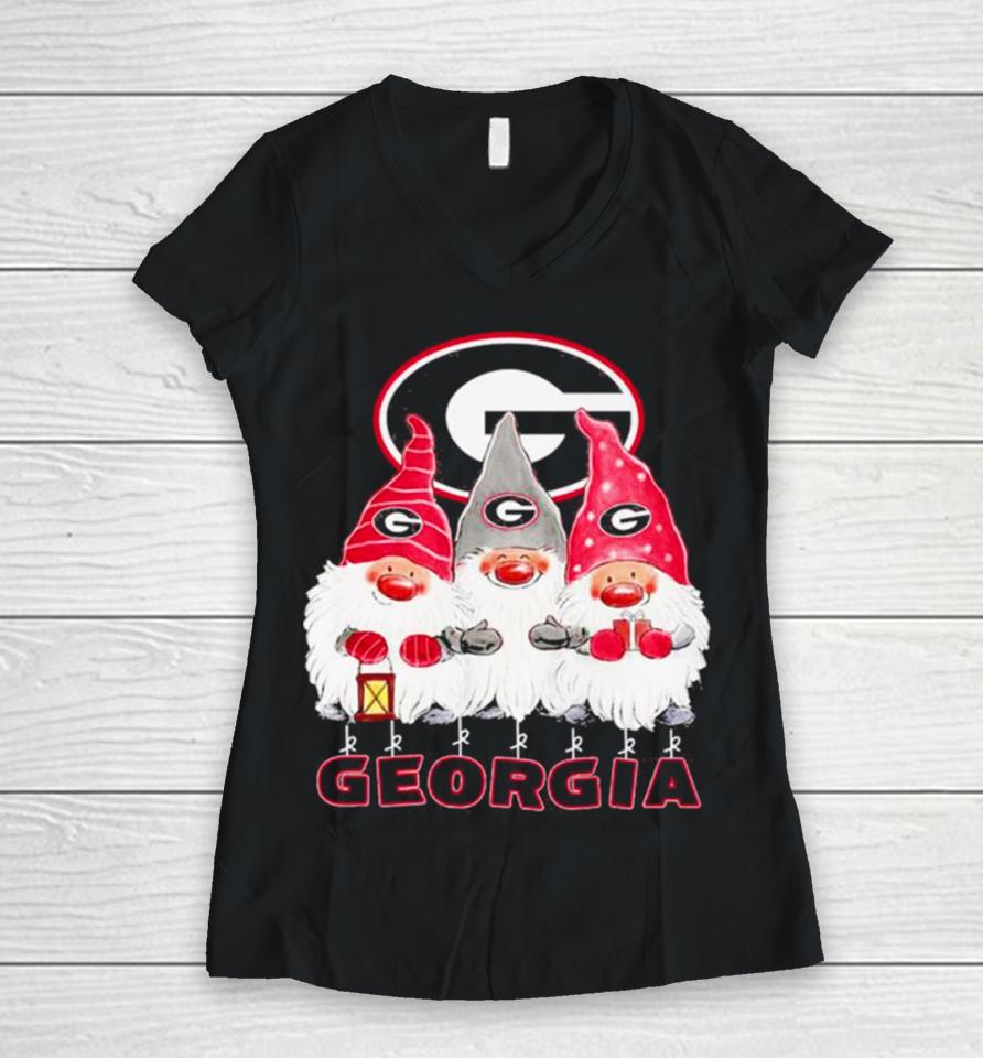 Santa Gnome Georgia Bulldogs Logo Merry Christmas Women V-Neck T-Shirt