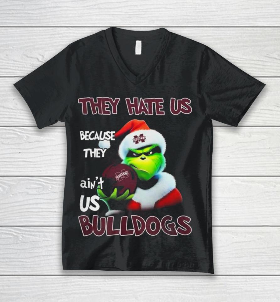 Santa Grinch Christmas They Hate Us Because Ain’t Us Mississippi State Bulldogs Helmet Unisex V-Neck T-Shirt