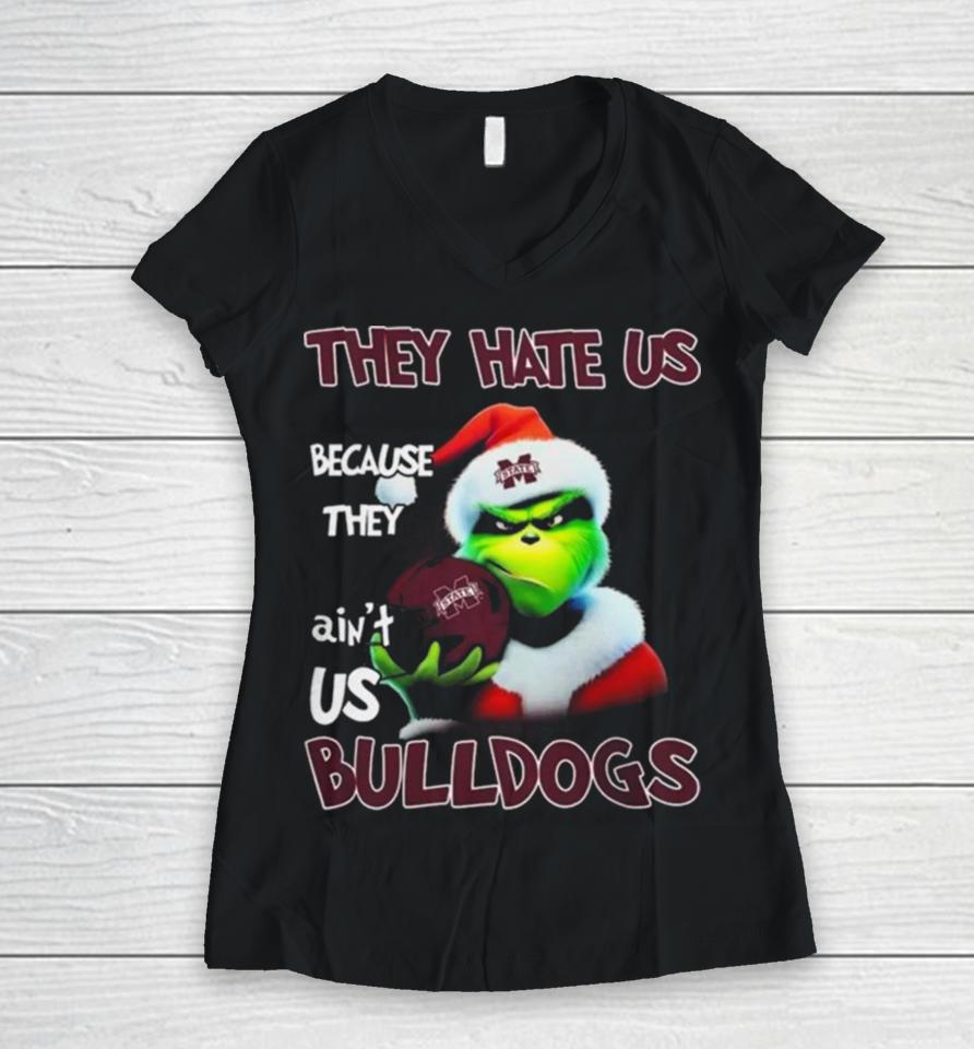 Santa Grinch Christmas They Hate Us Because Ain’t Us Mississippi State Bulldogs Helmet Women V-Neck T-Shirt