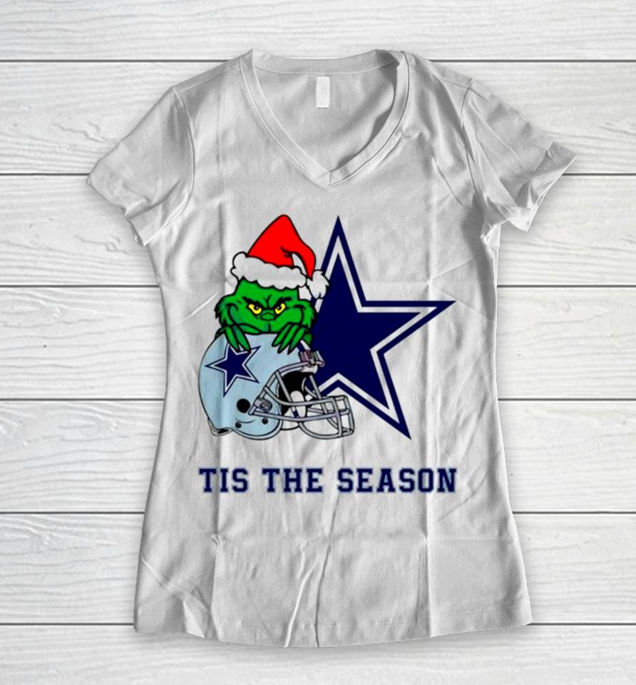 Santa Grinch Cowboys Tis The Season Women V-Neck T-Shirt