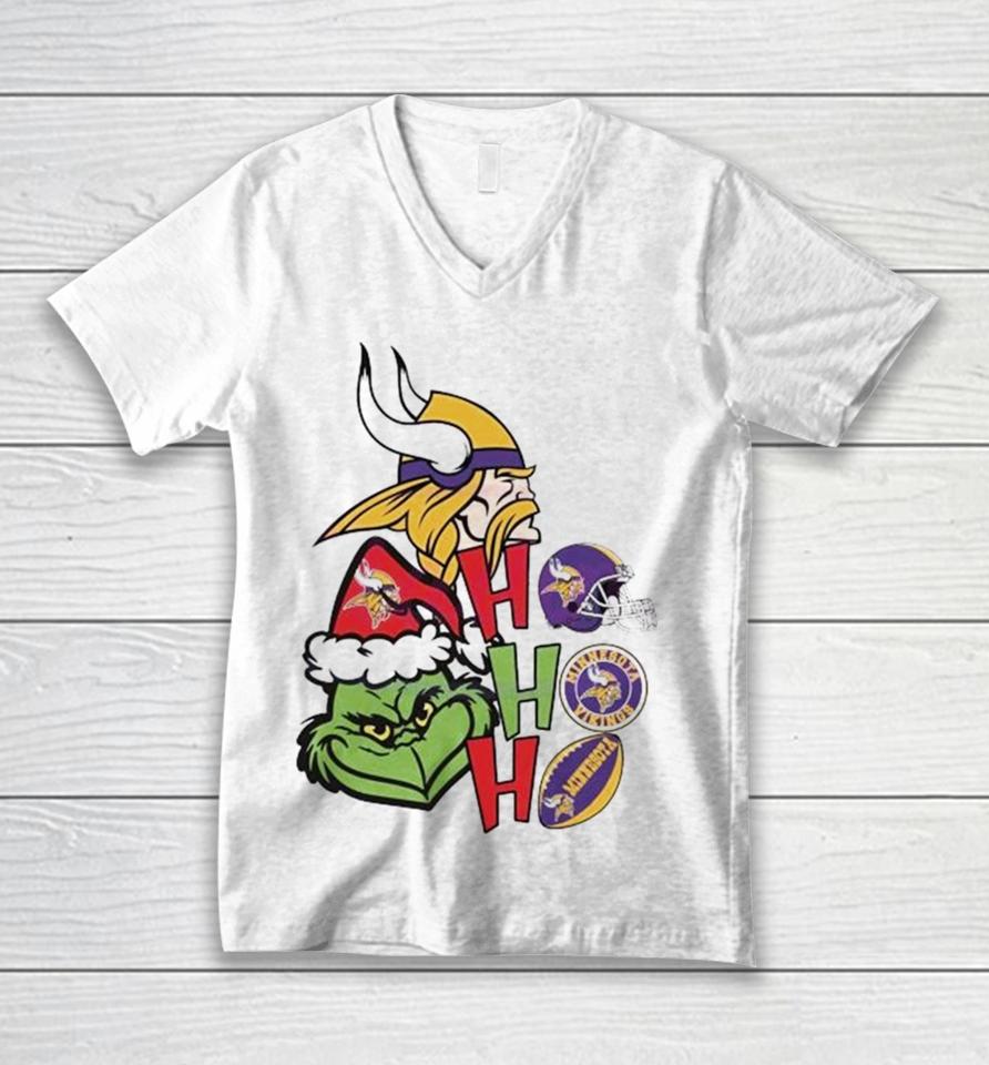 Santa Grinch Head Ho Ho Ho Minnesota Vikings Logo Unisex V-Neck T-Shirt